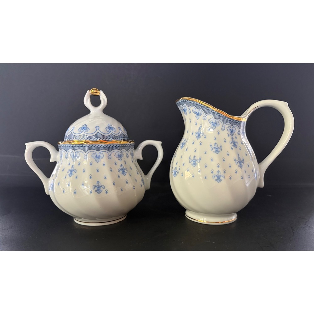 Porcelana Quinta Nova Portugal Blue Fleur-de-Lis Sugar Bowl and Creamer Set Gold